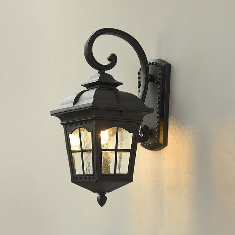 1 Light Seedy Glass Wall Lamp Antique Black Lantern Doorway Wall Light with Up/Down Curved Arm, 10"/12.5" W
