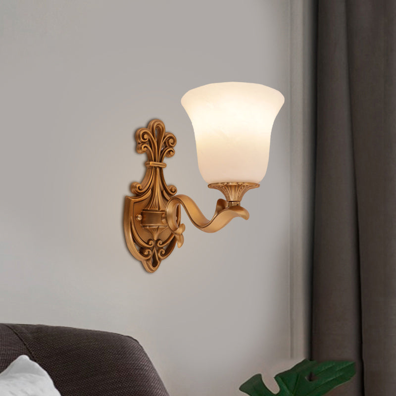 Brass 1 Hear Wall Light Countryside Opal Glass Bell Shaped Wall Sconce Lighting with Curvy Arm