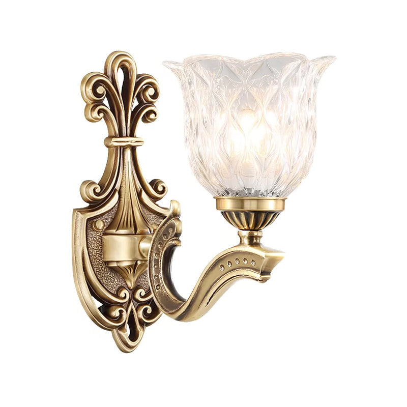 1/2-Head Wall Lighting Idea Cottage Blossom Clear Lattice Glass Brass Sconce Light Fixture