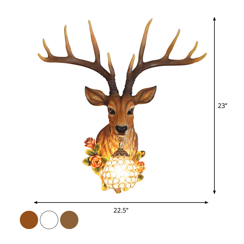 Luce da parete di cervo sika in resina campagna da letto a 1 testa del comodino floreale florale illuminazione con sfumatura di cristallo trasparente in orb in bianco in bianco/marrone/bronzo