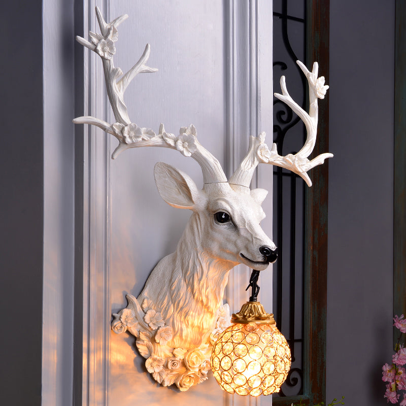 White/Blue 1 Light Wall Lamp Country Style Resin Deer and Flower Wall Mounted Lighting with Faceted Clear Crystal Shade