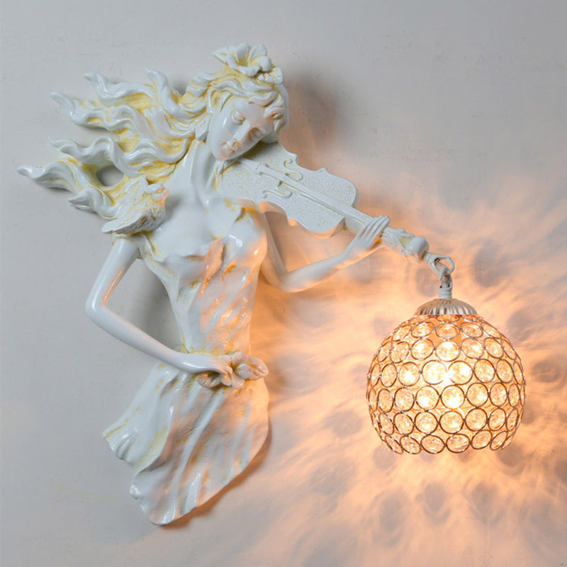 Antiqued Girl Holding Violin Wall Lamp Single Bulb Resin Wall Light Sconce with Ball Beveled Clear crystal Shade in White/Gold