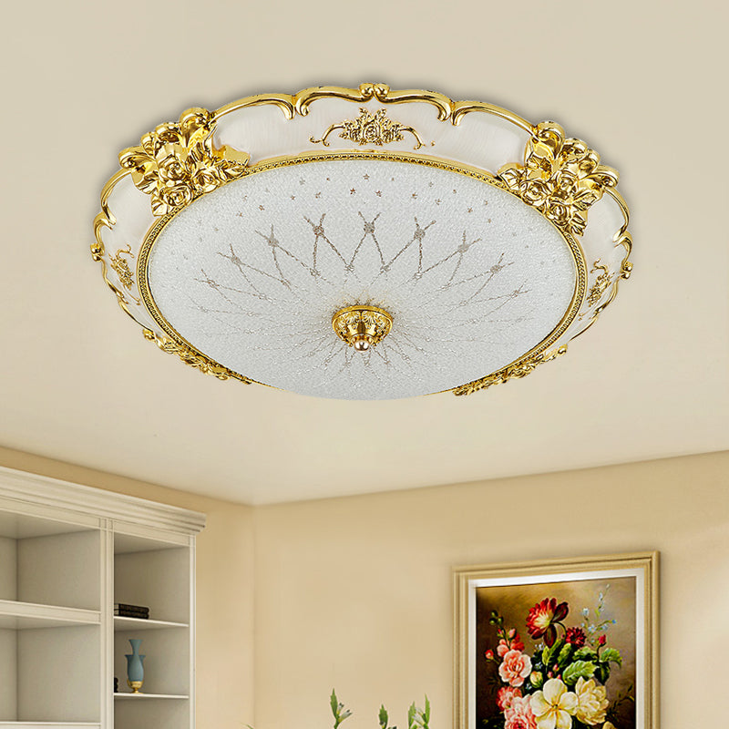 Circular Dining Room Flush Light Vintage Frosted Glass LED Gold Ceiling Mounted Fixture with Etching Flower Trim, 14"/16" Wide