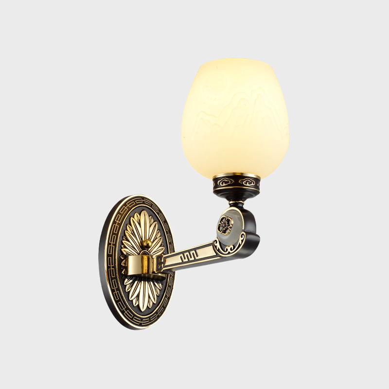 Milky Glass Carving Oval Sconce Vintage 1 Light Living Room Wall Lighting Fixture in Black and Gold