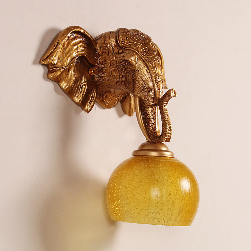 Gold 1-Bulb Wall Lighting Traditional Orb Crackle Frosted Glass Wall Sconce with Resin Elephant Backplate