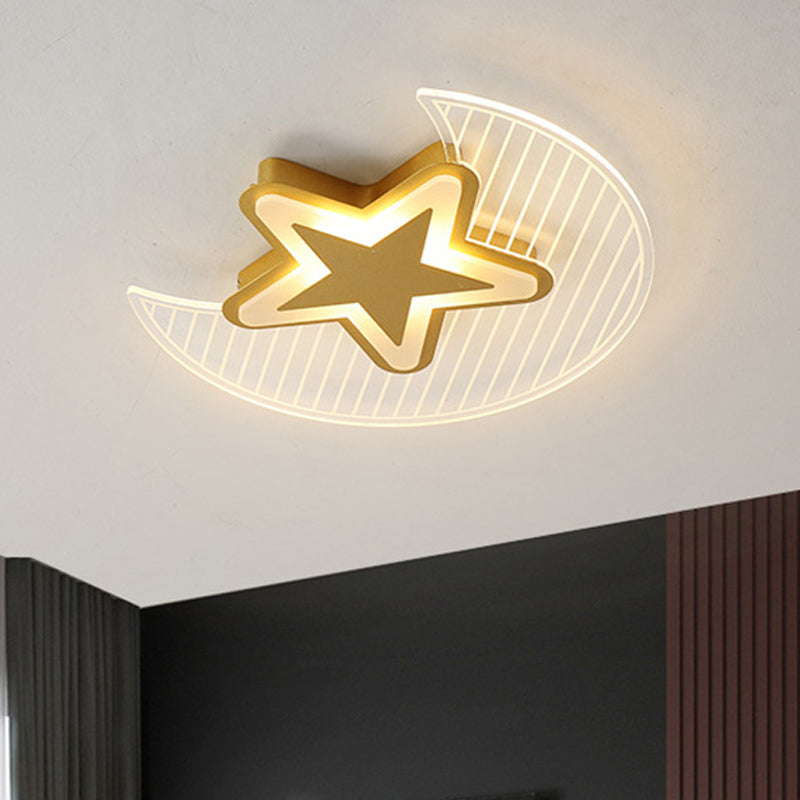 Acrylic Crescent and Star Ceiling Light Fixture Cartoon LED Gold Flush Mount Lighting in Warm/White Light