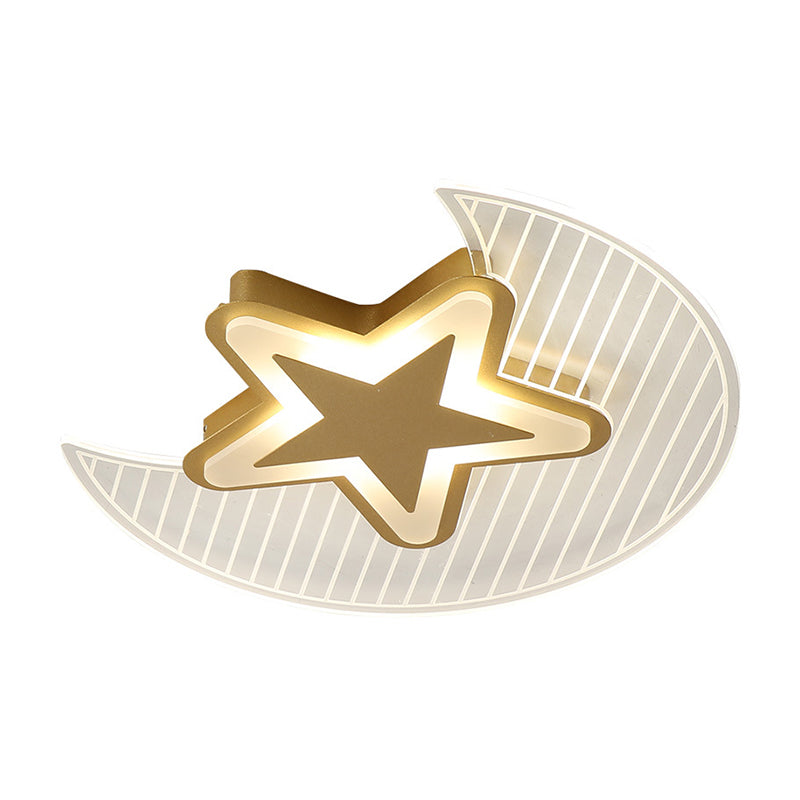 Acrylic Crescent and Star Ceiling Light Fixture Cartoon LED Gold Flush Mount Lighting in Warm/White Light