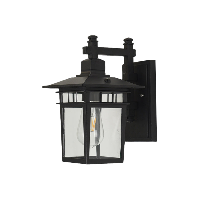 Pavilion Clear Glass Wall Lighting Industrial 1-Bulb Outdoor Wall Mounted Lamp in Black