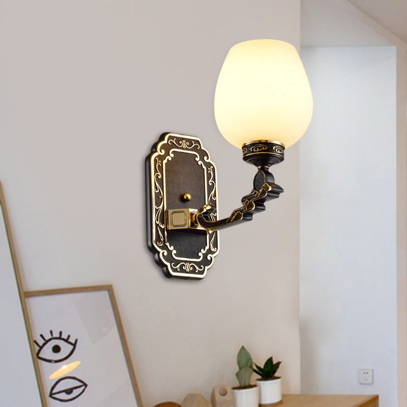 Classic Cup-like Wall Sconce 1-Head Cream Glass Etching Wall Mounted Lighting in Black
