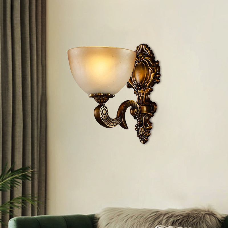 Frosted Glass Bowl Wall Sconce Light Rural 1 Light Bedroom Wall Lighting in Brass with Carved Backplate