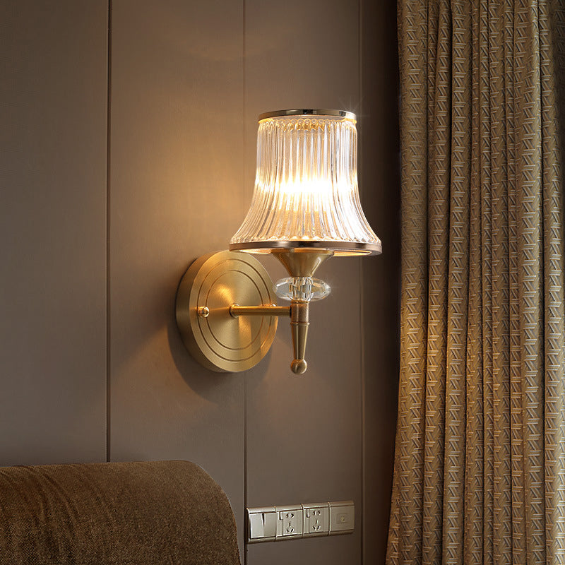 Conic Clear Ribbed Glass Wall Light Fixture Classic 1/2-Bulb Living Room Wall Sconce in Brass with Crystal Accent