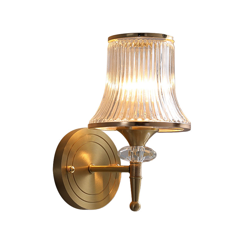 Conic Clear Ribbed Glass Wall Light Fixture Classic 1/2-Bulb Living Room Wall Sconce in Brass with Crystal Accent
