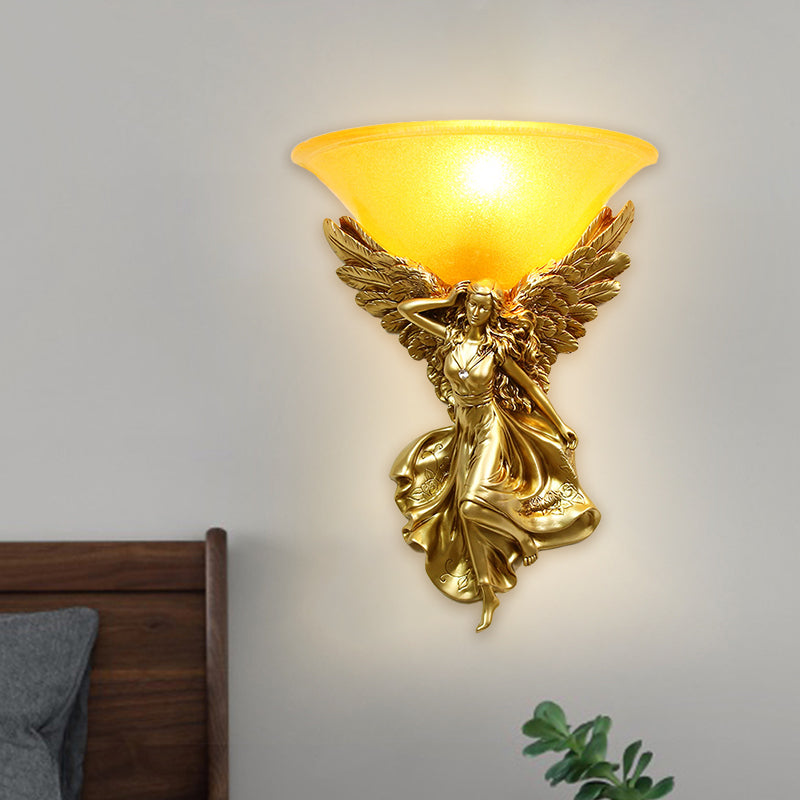Frosted Glass Bell Shade Wall Lighting Traditional 1 Bulb Corridor Wall Light Sconce with Resin White/Gold Angel Backplate, Right/Left