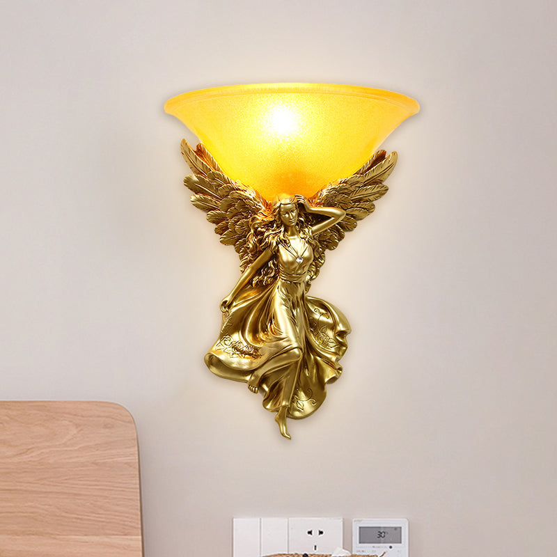 Frosted Glass Bell Shade Wall Lighting Traditional 1 Bulb Corridor Wall Light Sconce with Resin White/Gold Angel Backplate, Right/Left