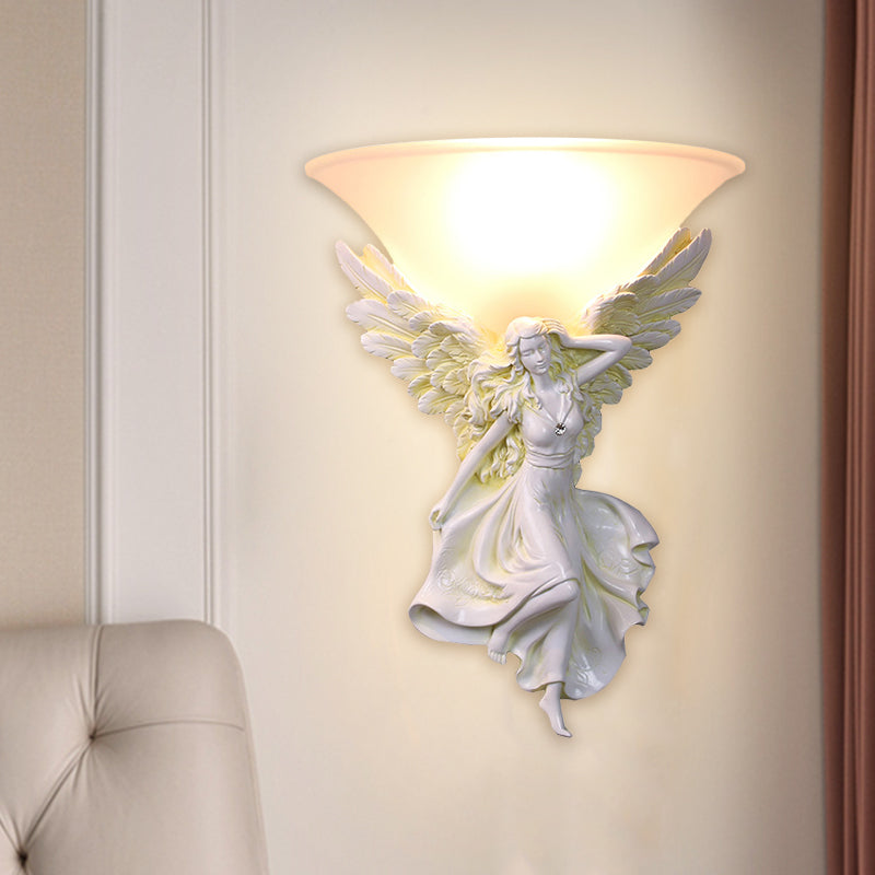 Frosted Glass Bell Shade Wall Lighting Traditional 1 Bulb Corridor Wall Light Sconce with Resin White/Gold Angel Backplate, Right/Left