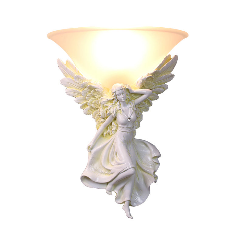 Frosted Glass Bell Shade Wall Lighting Traditional 1 Bulb Corridor Wall Light Sconce with Resin White/Gold Angel Backplate, Right/Left