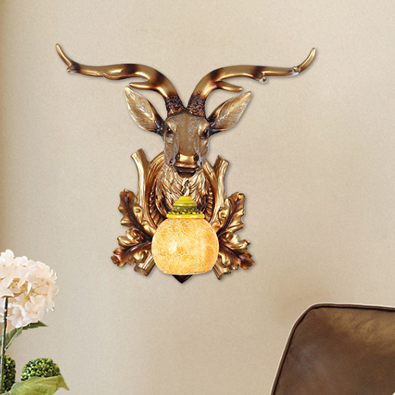 Traditional Bubble Sconce Light 1-Head Amber Crackle Glass Wall Mounted Lamp with Sika Deer and Bloom Decor in Gold