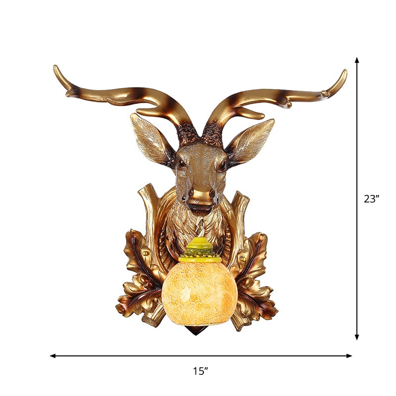 Traditional Bubble Sconce Light 1-Head Amber Crackle Glass Wall Mounted Lamp with Sika Deer and Bloom Decor in Gold