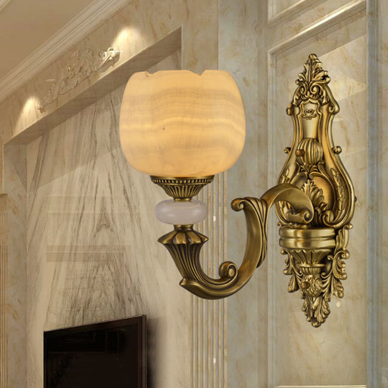 1-Head Flower Wall Mount Lighting Rustic Brass Finish Marble Wall Sconce with Arched Arm
