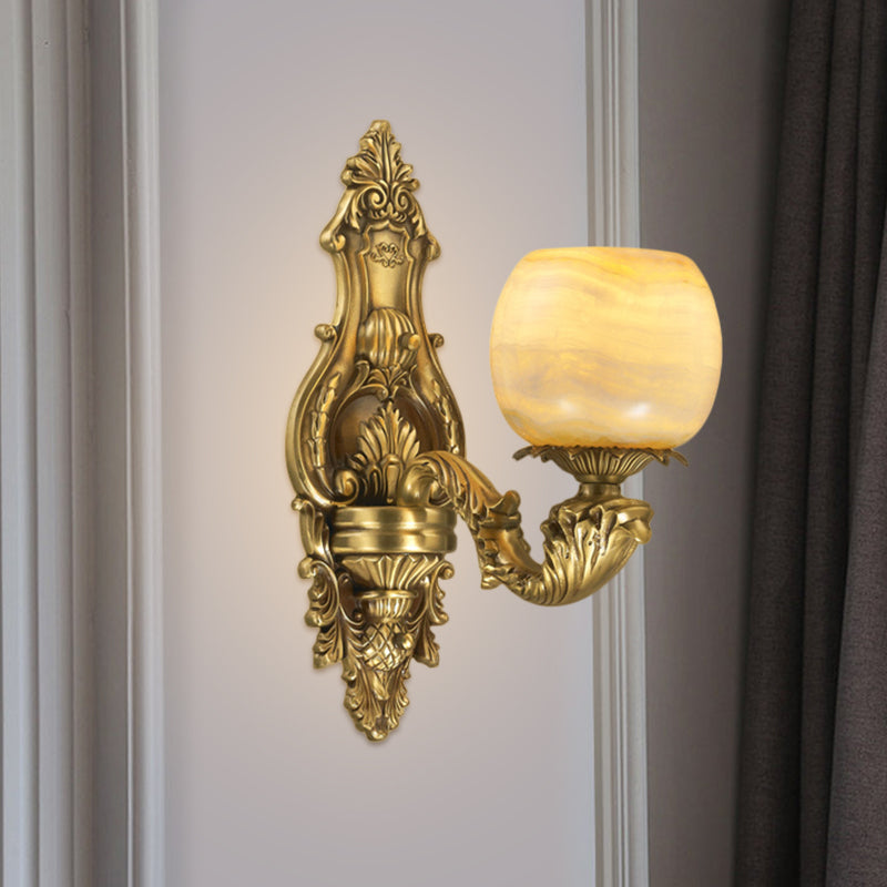 1-Head Flower Wall Mount Lighting Rustic Brass Finish Marble Wall Sconce with Arched Arm