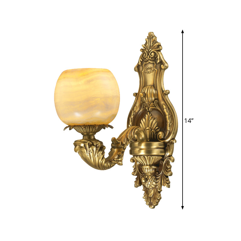 1-Head Flower Wall Mount Lighting Rustic Brass Finish Marble Wall Sconce with Arched Arm