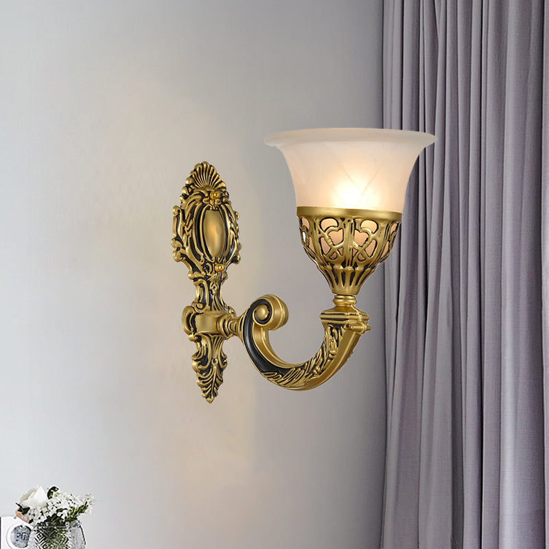 1 Bulb Frosted Glass Sconce Light Fixture Classic Bronze Living Room Wall Mounted Lamp with Carved Backplate