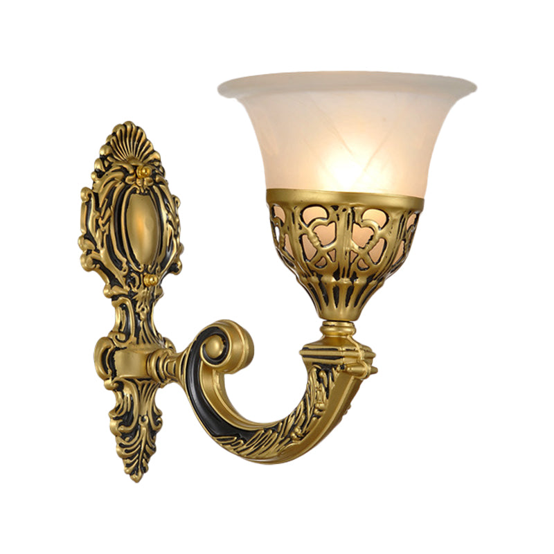 1 Bulb Frosted Glass Sconce Light Fixture Classic Bronze Living Room Wall Mounted Lamp with Carved Backplate
