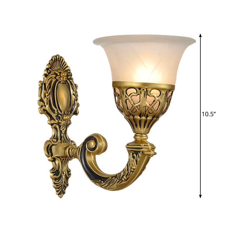 1 Bulb Frosted Glass Sconce Light Fixture Classic Bronze Living Room Wall Mounted Lamp with Carved Backplate
