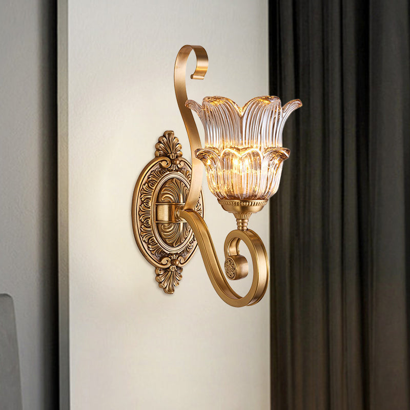 Brass 1/2-Bulb Wall Lighting Fixture Countryside Crystal Glass Flower Wall Light Sconce with Swooping Arm