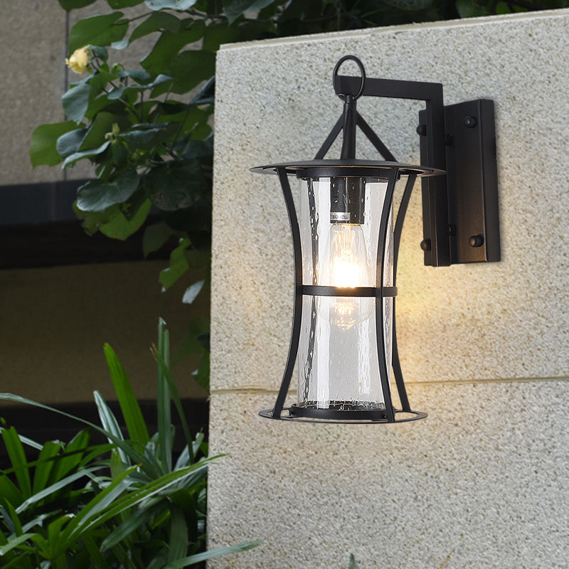 Zylinder schäbiger Glaswandlicht Retro Retro 1 Kopf Terrasse Wandbeleuchtungsideen mit gebogenem Rahmen in Schwarz