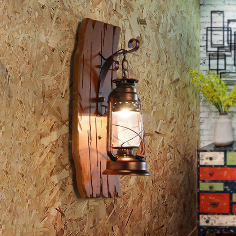 Brown Kerosene Lamp Wall Sconce Antique Clear Glass 1-Head Lodge Wall Light with Wood Backplate