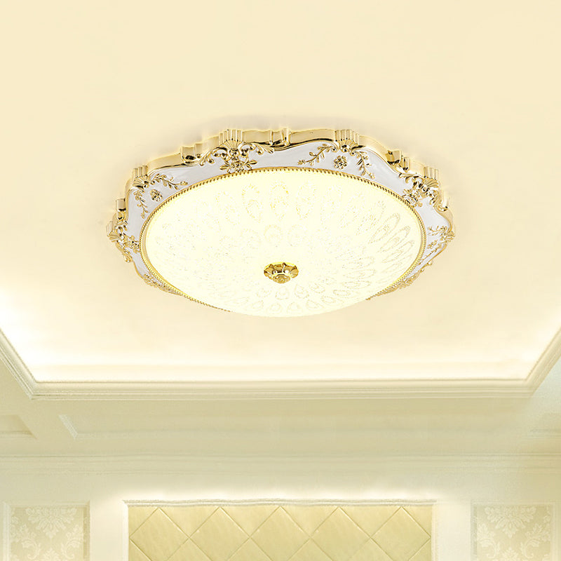 LED Round Ceiling Flush Traditional White and Gold Milky Glass Printed Flush Mount Lighting