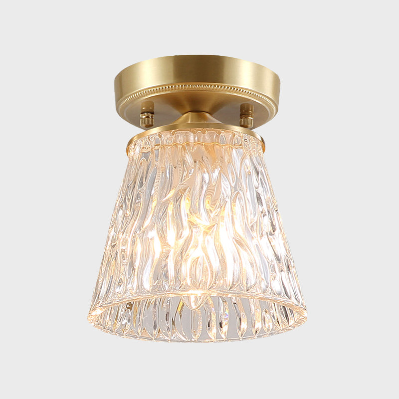 Brass 1-Light Semi Flush Mount Traditional Clear Ripple/Fluted Glass Cone/Flower Ceiling Flush for Living Room