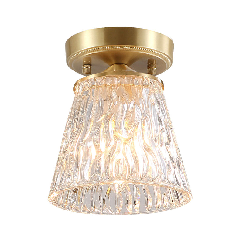 Brass 1-Light Semi Flush Mount Traditional Clear Ripple/Fluted Glass Cone/Flower Ceiling Flush for Living Room