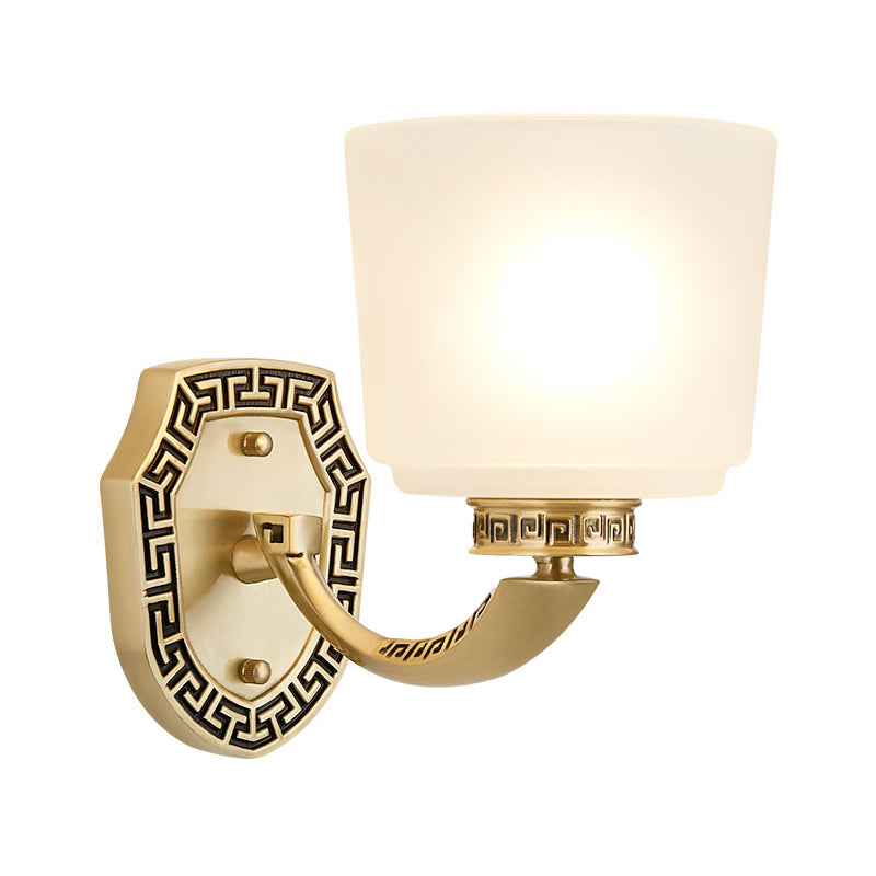 Cylinder Sitting Room Sconce Light Retro Style Opal Glass Single Head Brass Wall Mounted Lamp