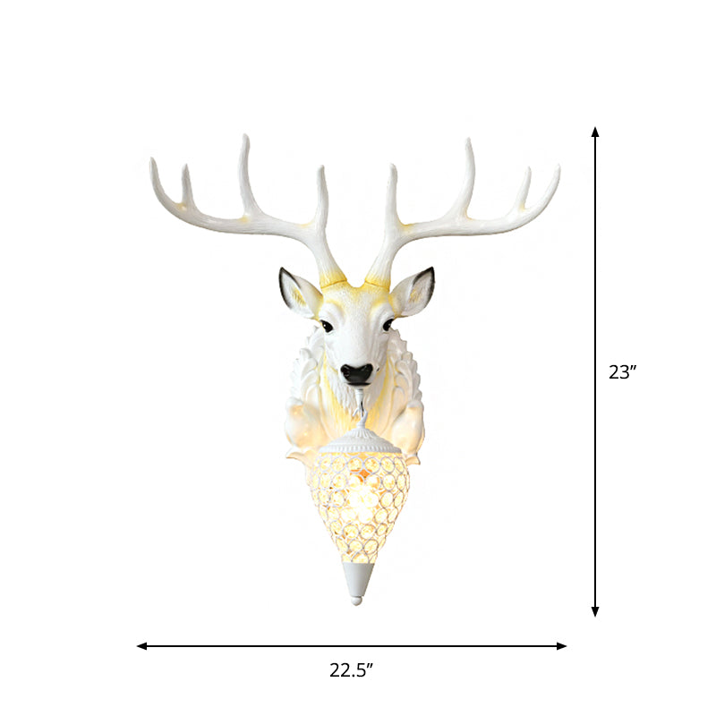 Country Oval Wall Mounted Lamp Single Light Beveled Crystal Wall Lighting Idea with Deer Head Design in White