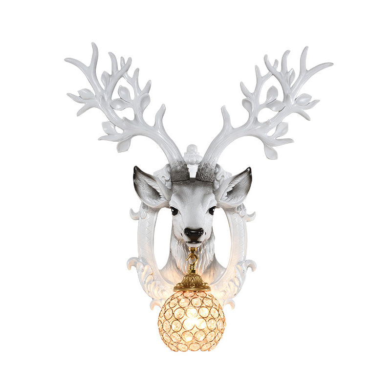 Deer Head Bedroom Wall Sconce Retro Style Resin 1-Light White Wall Mounted Lamp with Global Faceted Crystal Shade