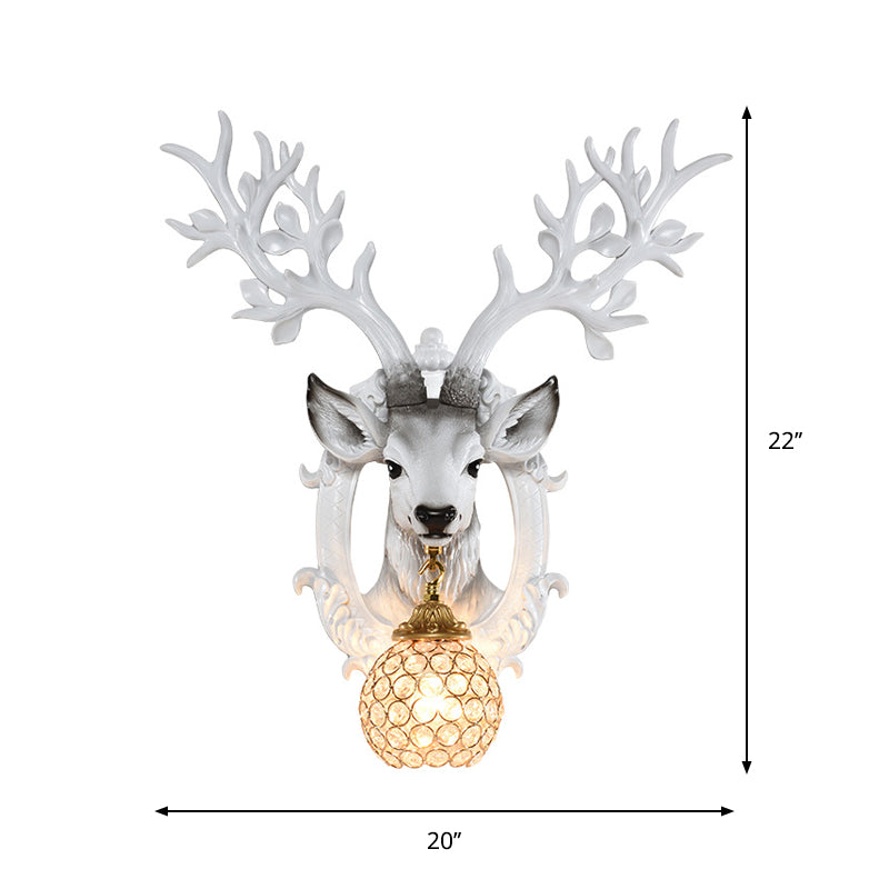 Deer Head Bedroom Wall Sconce Retro Style Resin 1-Light White Wall Mounted Lamp with Global Faceted Crystal Shade