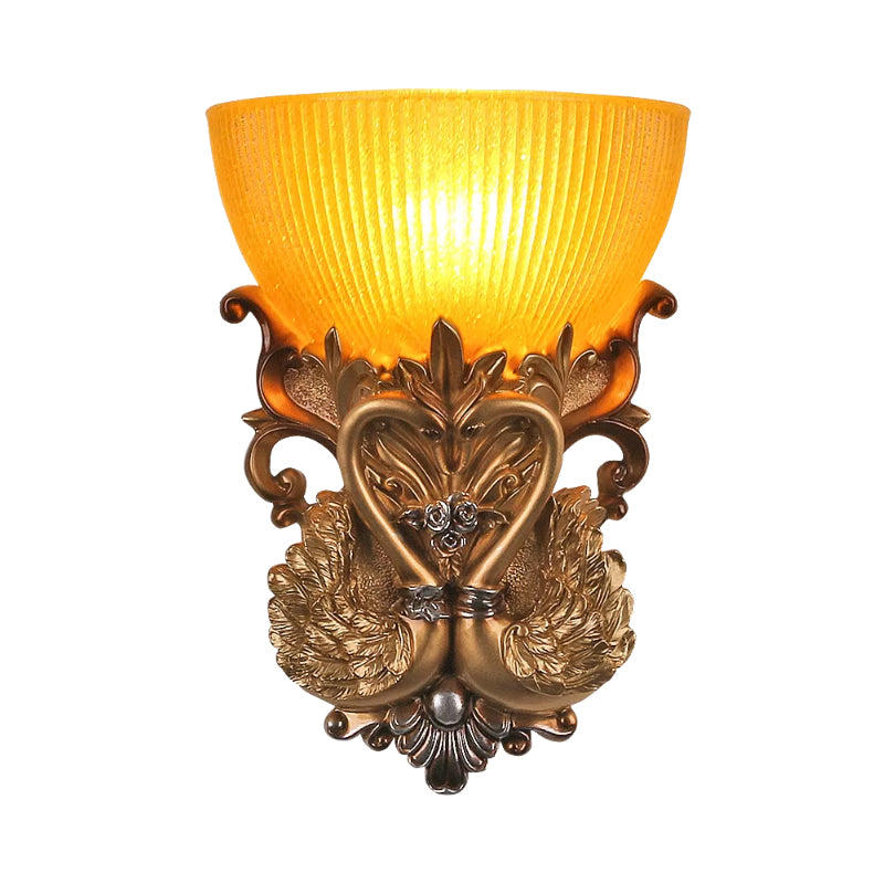 Amber Ribbed Glass Gold Sconce Bowl Single Head Rural Wall Lighting Idea with Carving Swan Design