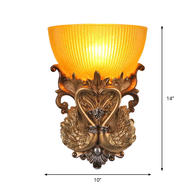 Amber Ribbed Glass Gold Sconce Bowl Single Head Rural Wall Lighting Idea with Carving Swan Design
