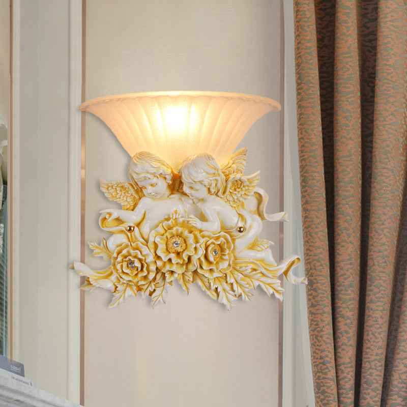 1-Head Wide Bowl Wall Light Rustic Gold/Beige Opal Fluted Glass Wall Mounted Lamp with Dual Angels Decor