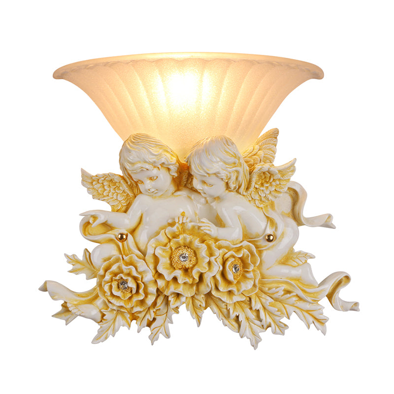 1-Head Wide Bowl Wall Light Rustic Gold/Beige Opal Fluted Glass Wall Mounted Lamp with Dual Angels Decor