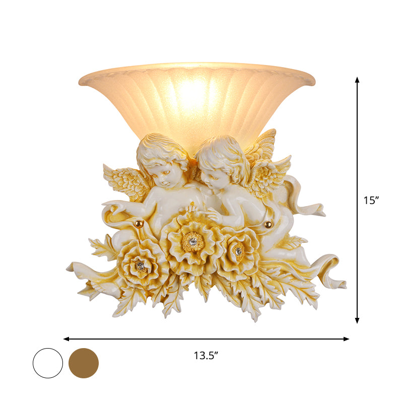 1-Head Wide Bowl Wall Light Rustic Gold/Beige Opal Fluted Glass Wall Mounted Lamp with Dual Angels Decor