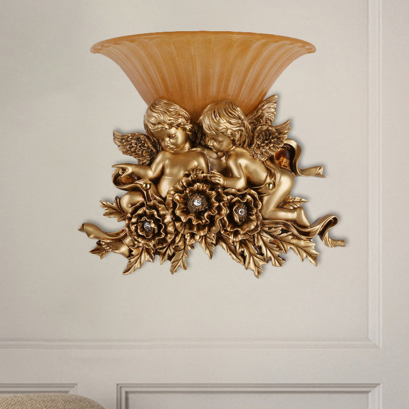 1-Head Wide Bowl Wall Light Rustic Gold/Beige Opal Fluted Glass Wall Mounted Lamp with Dual Angels Decor