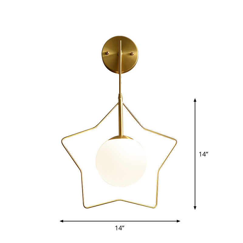 Metallic Star Wall Mounted Light Minimalist 1 Bulb Gold Wall Lighting Fixture with Ball White Glass Shade
