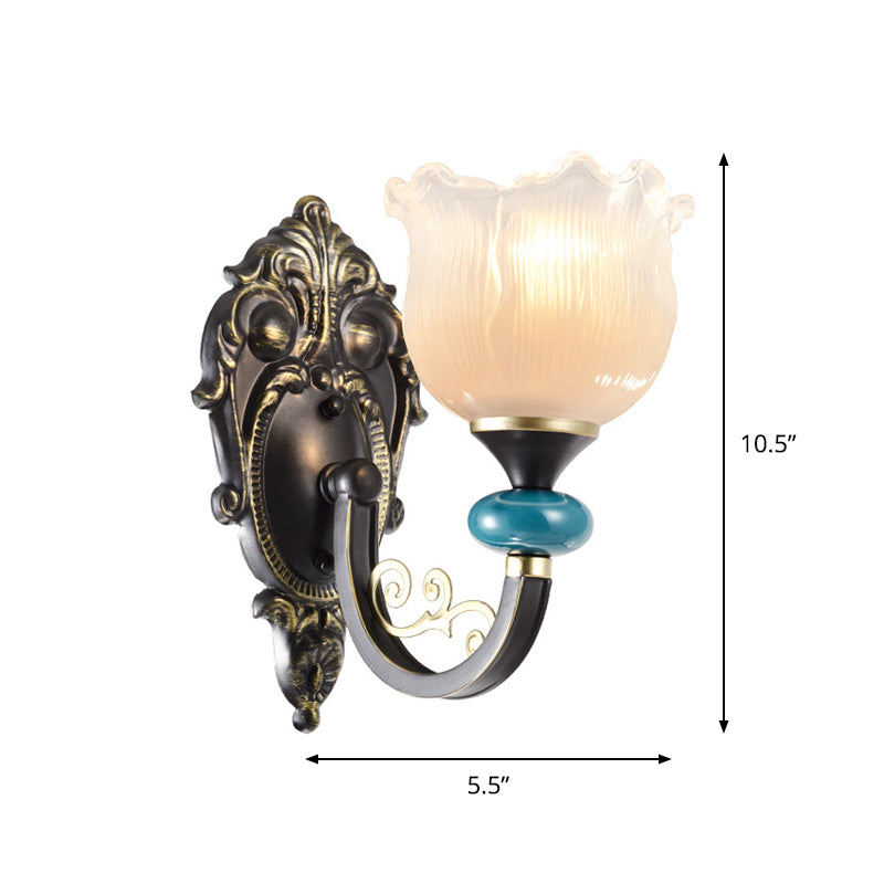 1/2-Bulb Floral Sconce Light Fixture Antiqued Black Opal Ribbed Glass Curved Arm Wall Mounted Lamp