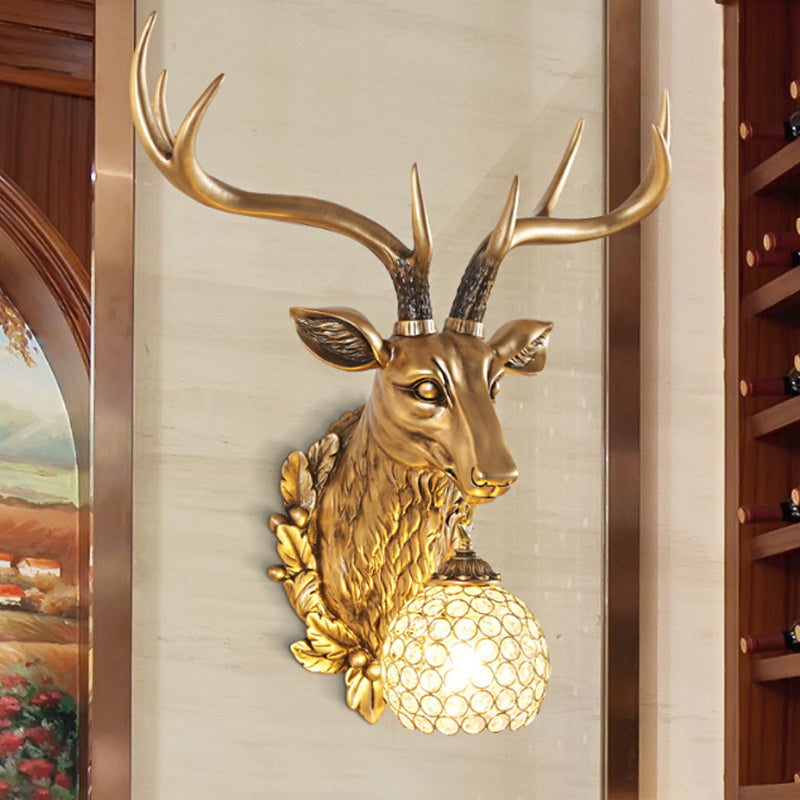 Gold 1-Bulb Sconce Light Farmhouse Faceted Crystal Sphere Wall Mounted Lamp with Sika Deer Head Design