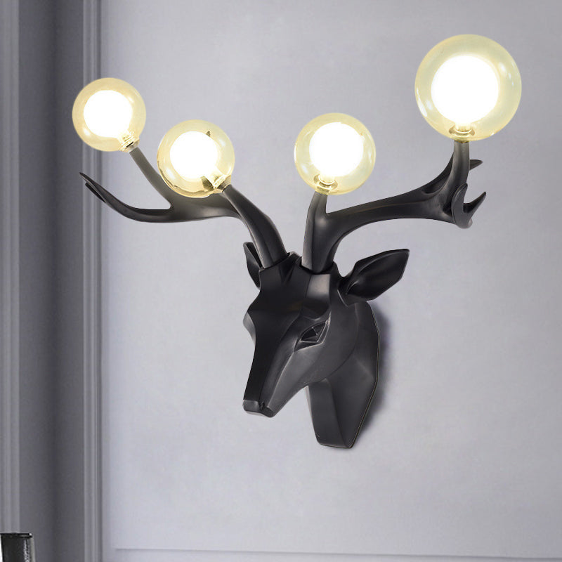 Sika Deer Living Room Wall Lamp Classic Style Resin 4 Heads Black/White/Blue Wall Sconce Light with Orb Clear Crystal Shade