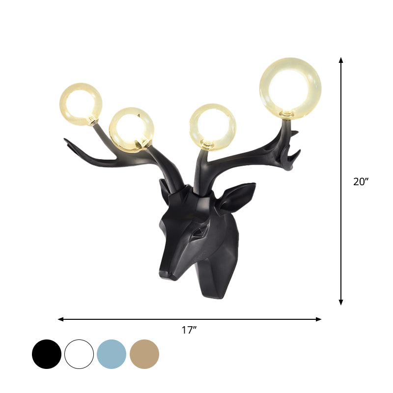 Sika Deer Living Room Wall Lamp Classic Style Resin 4 Heads Black/White/Blue Wall Sconce Light with Orb Clear Crystal Shade