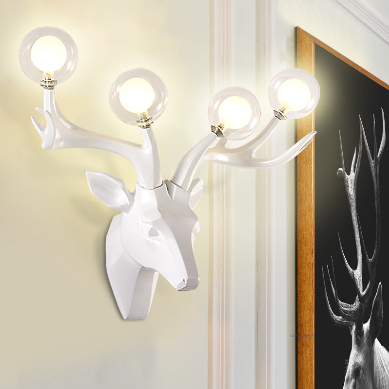 Sika Deer Living Room Wall Lamp Classic Style Resin 4 Heads Black/White/Blue Wall Sconce Light with Orb Clear Crystal Shade